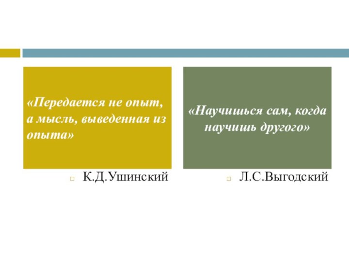 К.Д.УшинскийЛ.С.Выгодский«Передается не опыт, а мысль, выведенная из опыта»«Научишься сам, когда научишь другого»