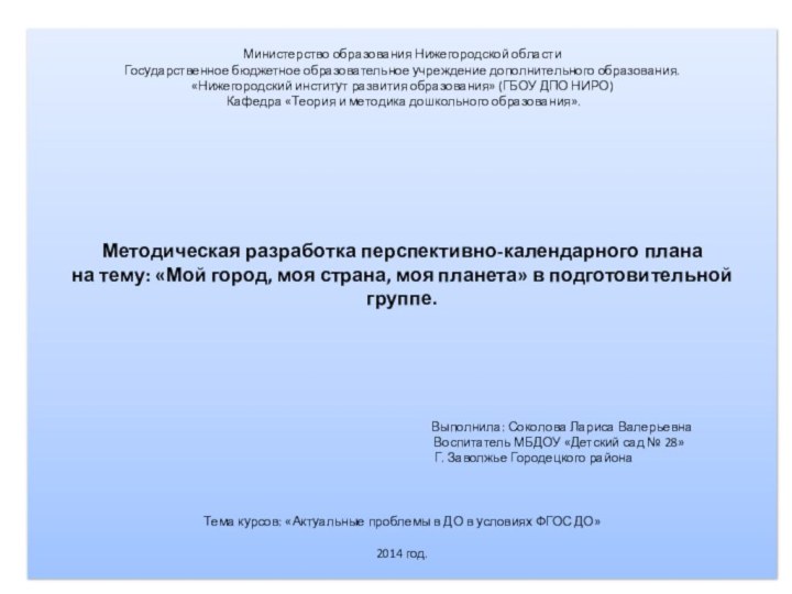 Министерство образования Нижегородской области Государственное бюджетное образовательное учреждение дополнительного образования. «Нижегородский институт