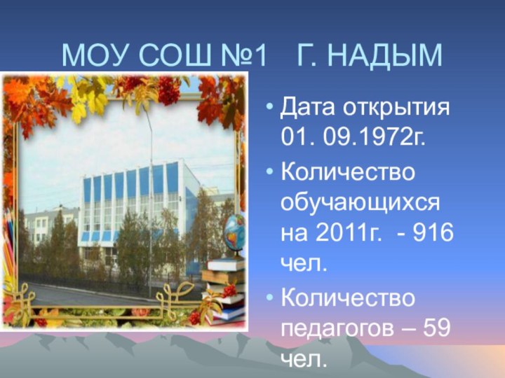 МОУ СОШ №1  Г. НАДЫМДата открытия 01. 09.1972г.Количество обучающихся на 2011г.