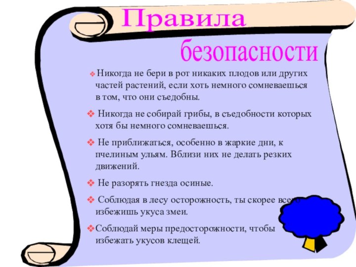 Правилабезопасности Никогда не бери в рот никаких плодов или других частей растений,