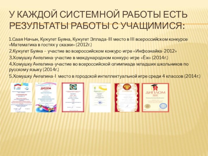 У КАЖДОЙ СИСТЕМНОЙ РАБОТЫ ЕСТЬ РЕЗУЛЬТАТЫ РАБОТЫ С УЧАЩИМИСЯ:1.Саая Начын, Кужугет Буяна,