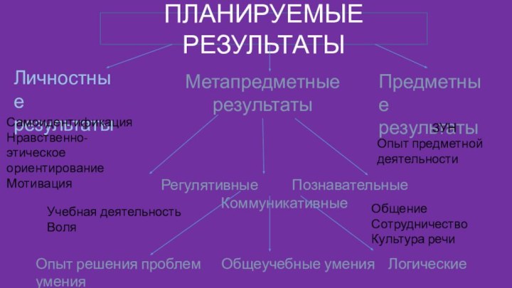 ПЛАНИРУЕМЫЕ РЕЗУЛЬТАТЫЛичностные результатыМетапредметные результатыПредметные результатыСамоидентификацияНравственно-этическое ориентированиеМотивацияЗУНОпыт предметной деятельностиРегулятивные