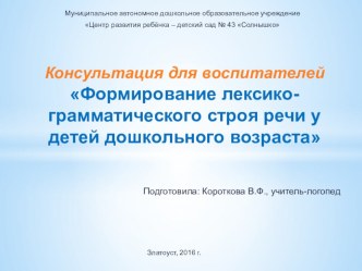 Консультация для воспитателей Формирование лексико-грамматического строя речи у детей дошкольного возраста консультация по логопедии по теме