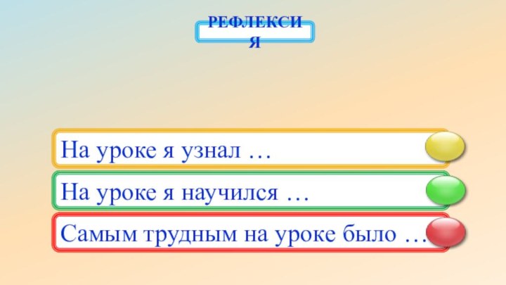 На уроке я узнал …На уроке я научился …Самым трудным на уроке было …РЕФЛЕКСИЯ