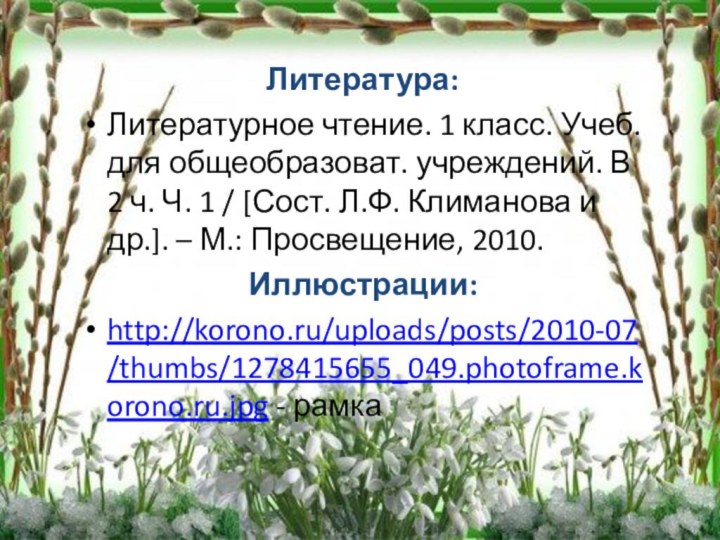 Литература:Литературное чтение. 1 класс. Учеб. для общеобразоват. учреждений. В 2 ч. Ч.