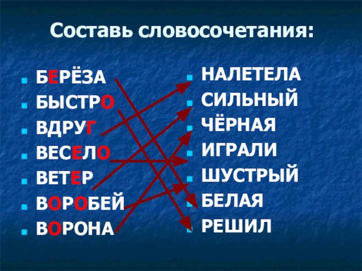 Составь словосочетания:БЕРЁЗАБЫСТРОВДРУГВЕСЕЛОВЕТЕРВОРОБЕЙВОРОНАНАЛЕТЕЛАСИЛЬНЫЙЧЁРНАЯИГРАЛИШУСТРЫЙБЕЛАЯРЕШИЛ