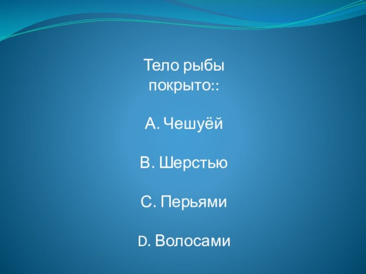 Тело рыбы покрыто::А. ЧешуёйВ. ШерстьюС. ПерьямиD. Волосами