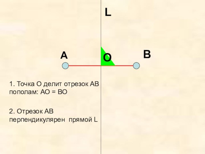 L  A  BO1. Точка О делит отрезок АВ пополам: АО