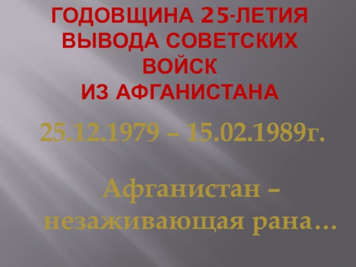 Годовщина 25-летия  вывода Советских войск из афганистанаАфганистан – незаживающая рана…25.12.1979 – 15.02.1989г.