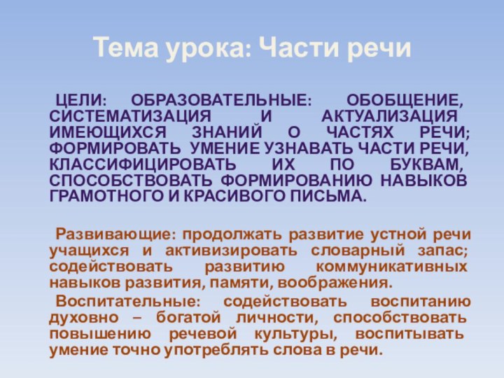 Тема урока: Части речи	Цели:	Образовательные: обобщение, систематизация и актуализация имеющихся знаний о частях