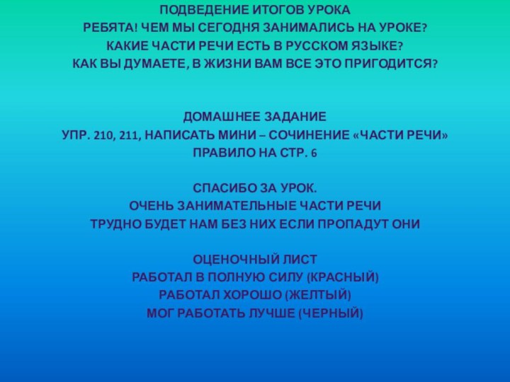 Подведение итогов урокаРебята! Чем мы сегодня занимались на уроке? Какие части речи