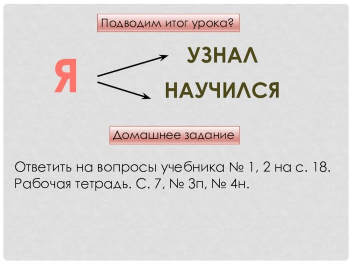 Подводим итог урока?Домашнее заданиеЯнаучилсяузналОтветить на вопросы учебника № 1, 2 на с.