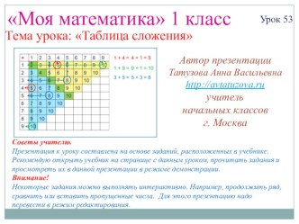 Математика. 1 класс. Урок 53. Таблица сложения - Презентация презентация к уроку по математике (1 класс) по теме