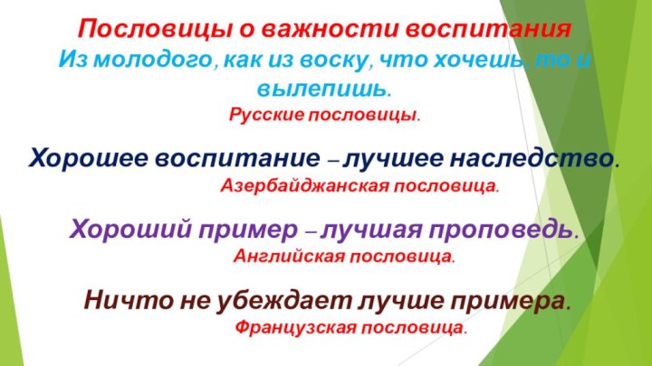 Пословицы о важности воспитания  Из молодого, как из воску, что хочешь, то