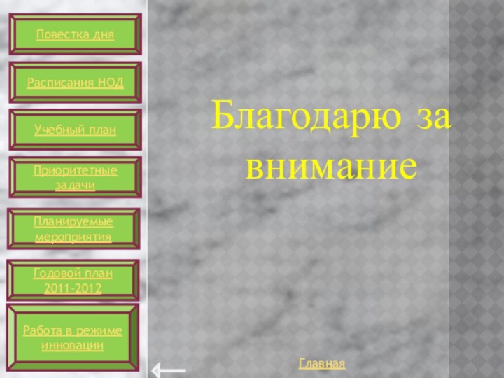 ГлавнаяБлагодарю за вниманиеПовестка дняРасписания НОДУчебный планПриоритетные задачиПланируемые мероприятияГодовой план 2011-2012Работа в режиме инновации