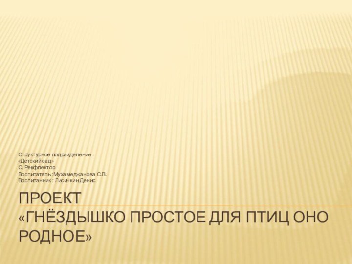 Проект «Гнёздышко простое для птиц оно родное»Структурное подразделение «Детский сад»С. РекфлекторВоспитатель :Мухамеджанова С.В.Воспитанник : Лисичкин Денис