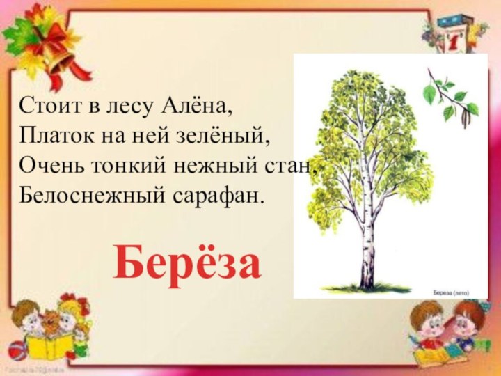 Стоит в лесу Алёна,Платок на ней зелёный,Очень тонкий нежный стан,Белоснежный сарафан. Берёза