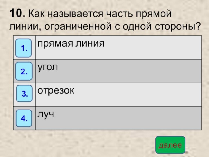 10. Как называется часть прямой  линии, ограниченной с одной стороны?далее 2. 1. 3. 4.