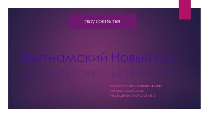 Вьетнамский Новый годВыполнила: Кострицына жаннаУченица 4 класса «Л»Руководитель: Морозова в. Э.ГБОУ СОШ № 2105