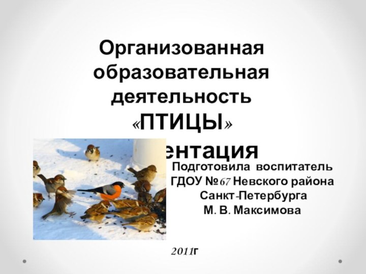 Организованная образовательная деятельность«ПТИЦЫ»Презентация Подготовила воспитательГДОУ №67 Невского района Санкт-ПетербургаМ. В. Максимова2011г