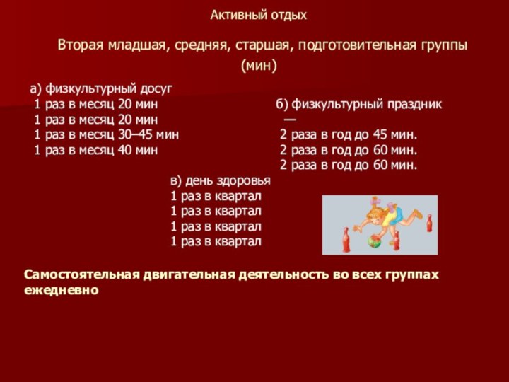 Активный отдых  Вторая младшая, средняя, старшая, подготовительная группы (мин)а) физкультурный досуг