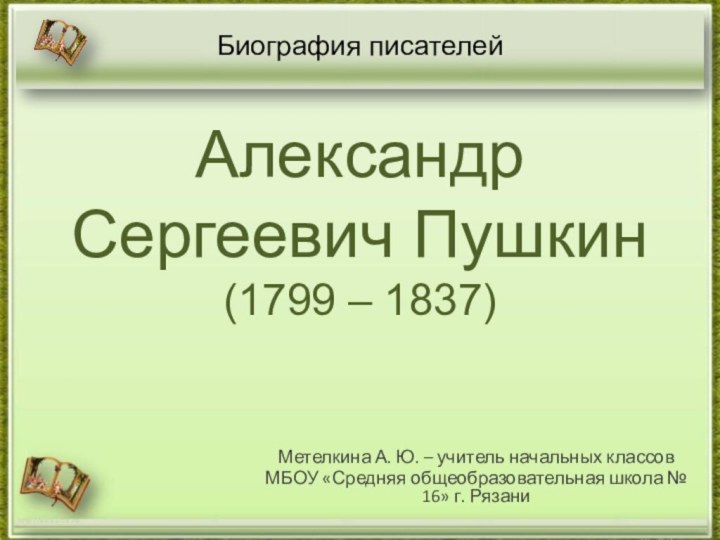 Биография писателей  Александр Сергеевич Пушкин (1799 – 1837) Метелкина А. Ю.