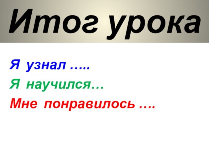 Я узнал …..Я научился…Мне понравилось ….Итог урока