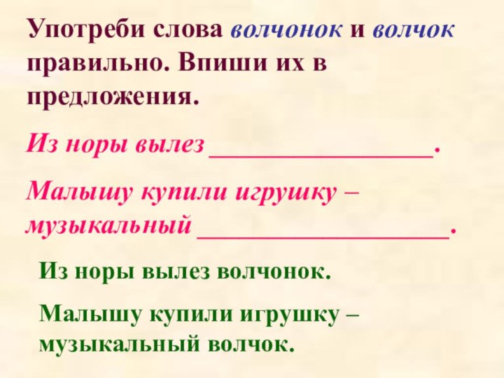 Употреби слова волчонок и волчок правильно. Впиши их в предложения.Из норы вылез