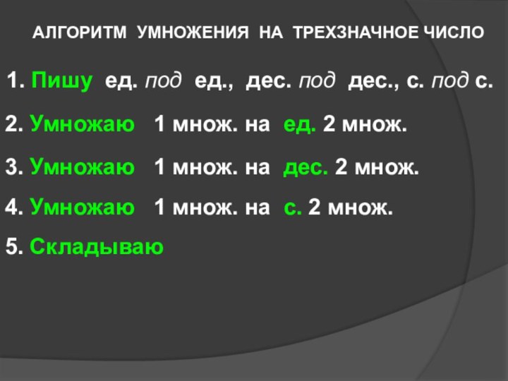 АЛГОРИТМ УМНОЖЕНИЯ НА ТРЕХЗНАЧНОЕ ЧИСЛО1. Пишу ед. под ед., дес. под дес.,