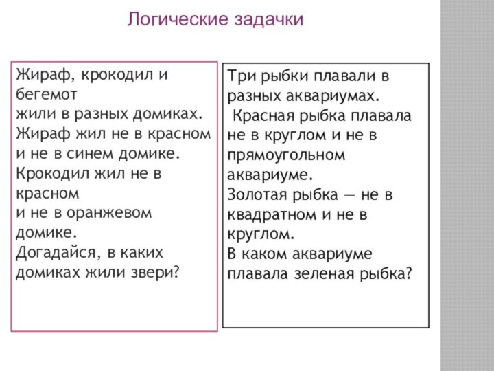 Логические задачкиЖираф, крокодил и бегемот жили в разных домиках. Жираф жил не