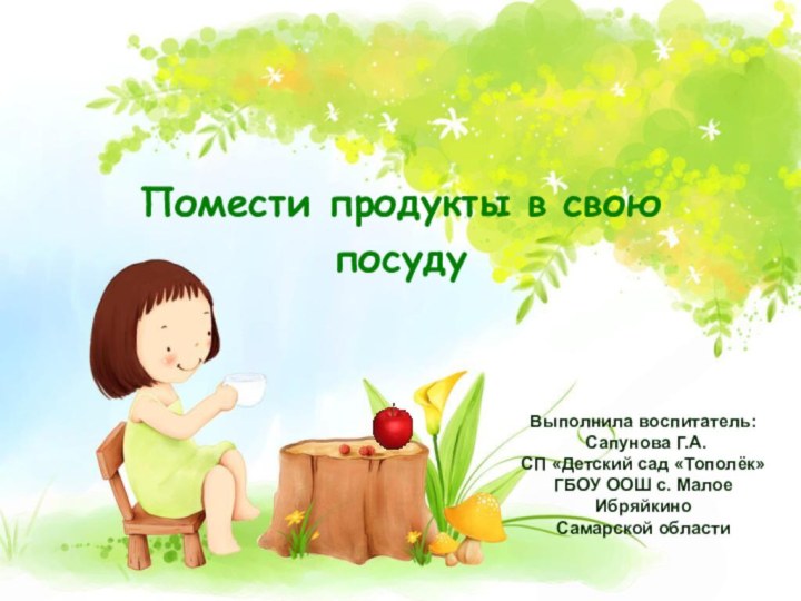 Помести продукты в свою посуду Выполнила воспитатель: Сапунова Г.А.СП «Детский сад «Тополёк»
