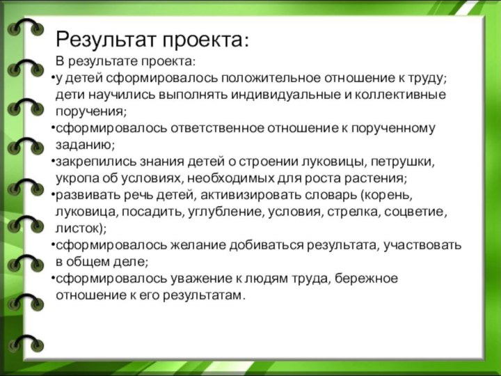 Результат проекта: В результате проекта: у детей сформировалось положительное отношение к труду;