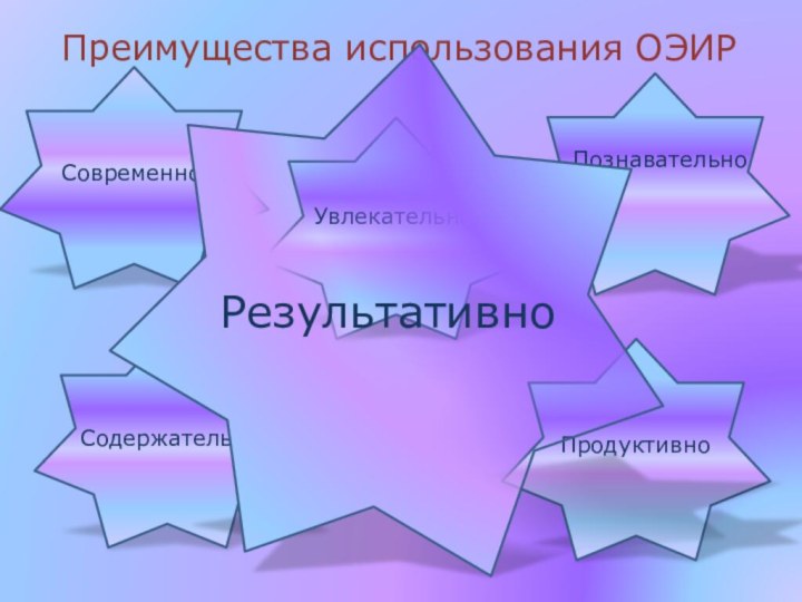 Преимущества использования ОЭИР СовременноУвлекательноПродуктивноСодержательноПознавательноРезультативно