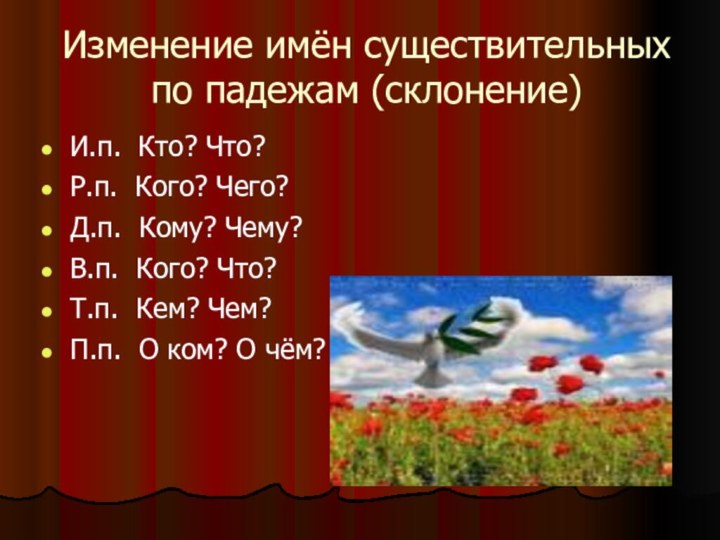 Изменение имён существительных по падежам (склонение)И.п. Кто? Что?Р.п. Кого? Чего?Д.п. Кому? Чему?В.п.