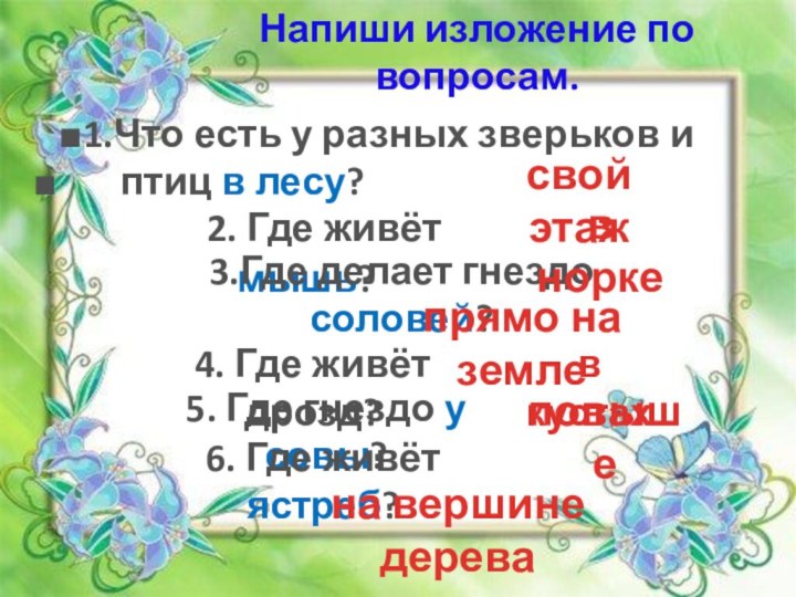 2. Где живёт мышь?1.Что есть у разных зверьков и