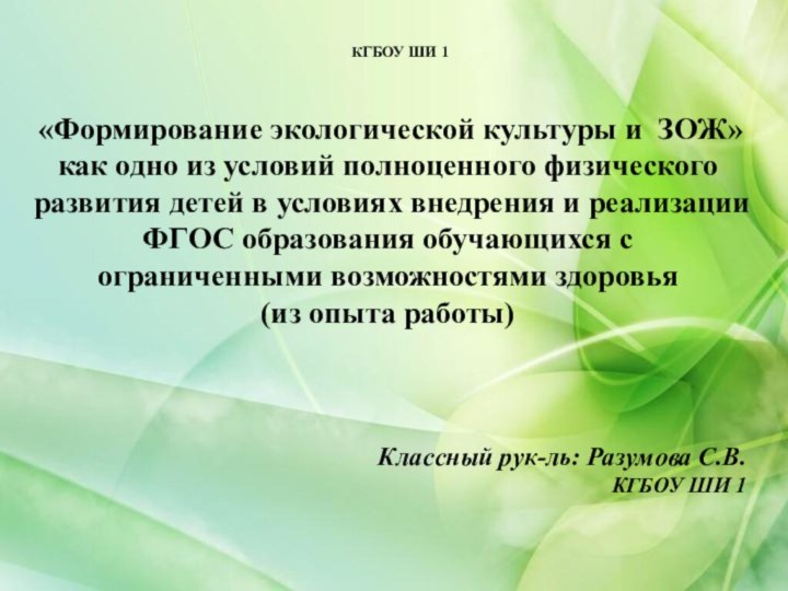 КГБОУ ШИ 1 «Формирование экологической культуры и ЗОЖ» как одно из условий
