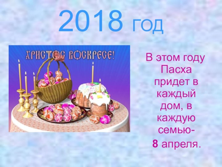 2018 ГОД В этом году Пасха придет в каждый дом, в каждую семью-  8 апреля.