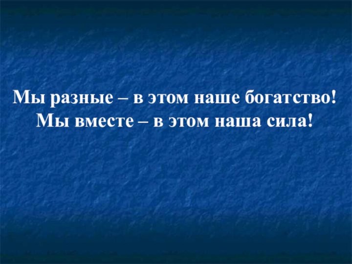 Мы разные – в этом наше богатство!Мы вместе – в этом наша сила!