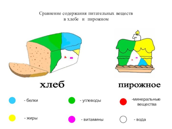 Сравнение содержания питательных веществ  в хлебе и пирожномхлебпирожное - белки- жиры- углеводы- витаминыминеральныевещества- вода