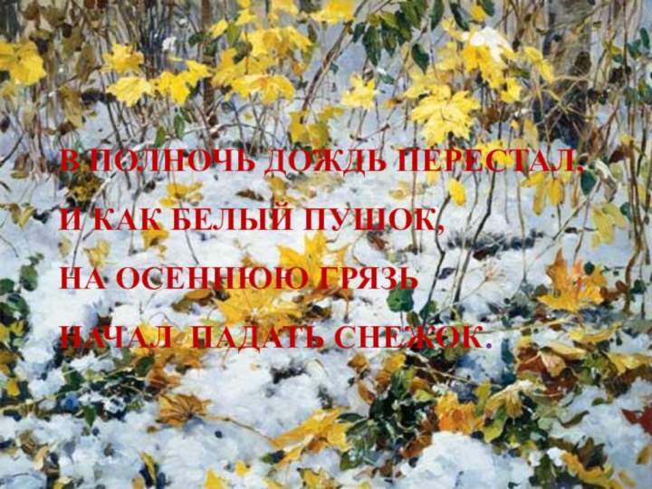 В полночь дождь перестал, И как белый пушок, на осеннюю грязь начал падать снежок.