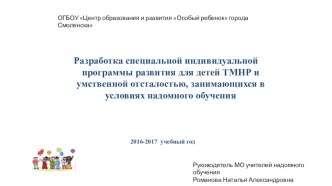 октябрь 2016 г (выступление на РУМО) Разработка специальной индивидуальной программы развития для детей ТМНР и умственной отсталостью, занимающихся в условиях надомного обучения консультация