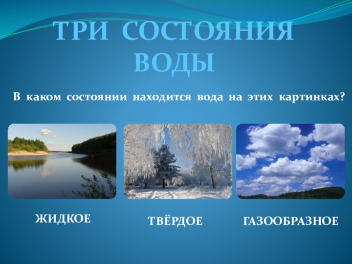 ТРИ СОСТОЯНИЯ ВОДЫВ каком состоянии находится вода на этих картинках?ЖИДКОЕТВЁРДОЕГАЗООБРАЗНОЕ