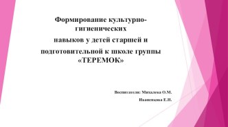 Формирование культурно-гигиенических навыков у детей старшей и подготовительной к школе группы ТЕРЕМОК презентация к уроку (старшая, подготовительная группа)