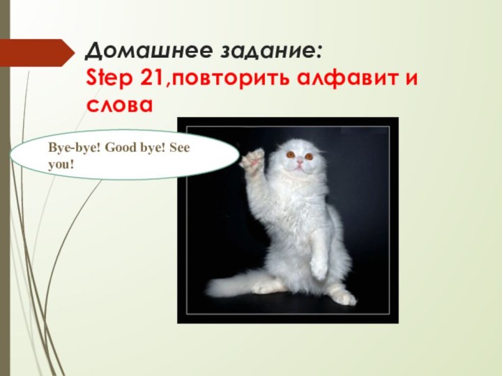 Домашнее задание: Step 21,повторить алфавит и слова Bye-bye! Good bye! See you!