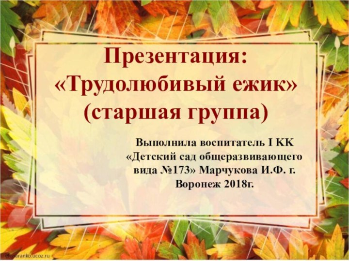 Презентация: «Трудолюбивый ежик» (старшая группа)Выполнила воспитатель I KK «Детский сад общеразвивающего вида