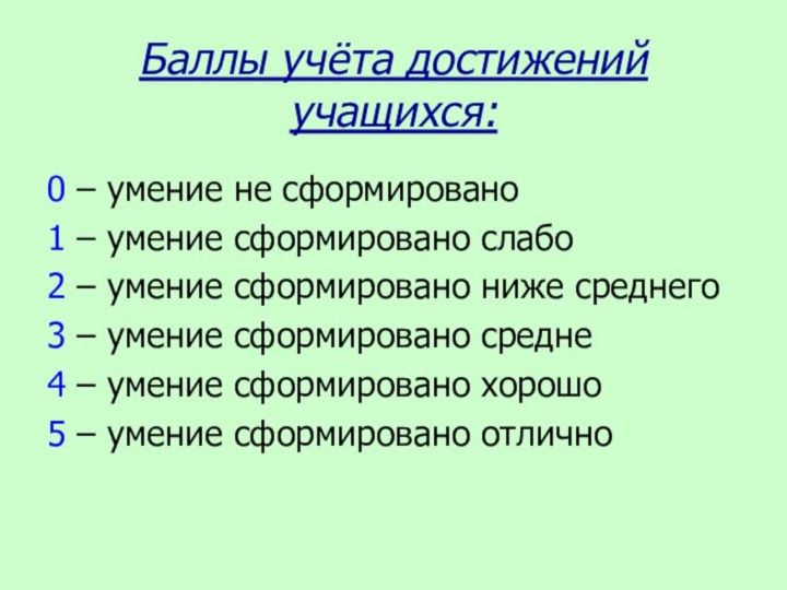 Баллы учёта достижений учащихся:0 – умение не сформировано1 – умение сформировано слабо2