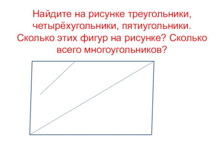 Найдите на рисунке треугольники, четырёхугольники, пятиугольники. Сколько этих фигур на рисунке? Сколько всего многоугольников?