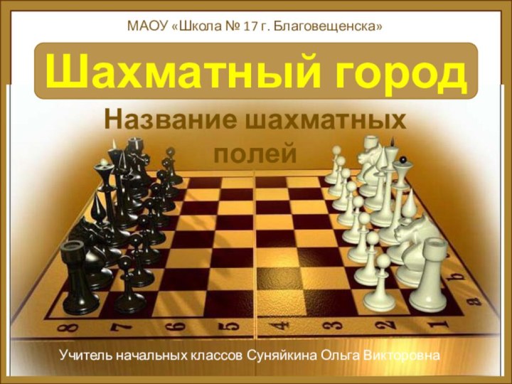 Шахматный городНазвание шахматных полейМАОУ «Школа № 17 г. Благовещенска»Учитель начальных классов Суняйкина Ольга Викторовна