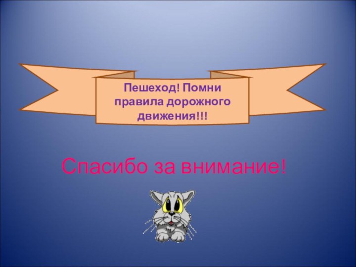 Спасибо за внимание!Пешеход! Помни правила дорожного движения!!!