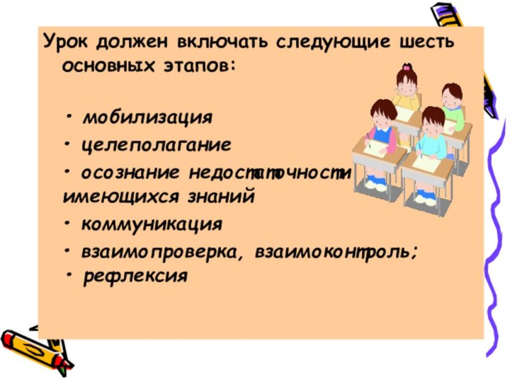 Урок должен включать следующие шесть основных этапов:  • мобилизация  •